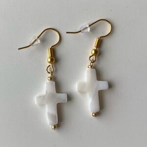 Handmade GOLD STAINLESS STEEL Earrings Seashell Christian Cross